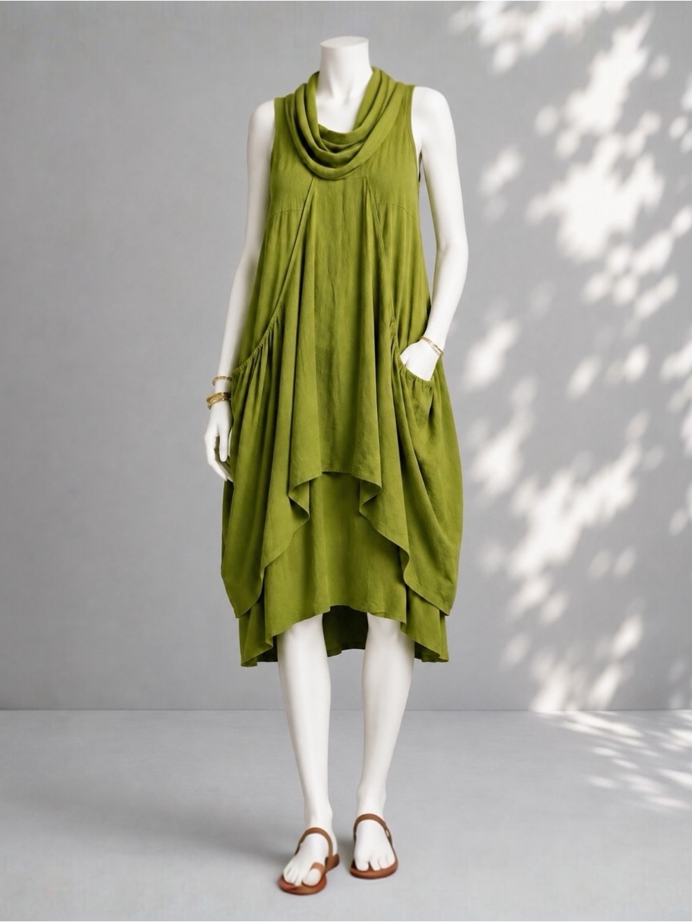 Belma  Lagenlook Dress OS/2X Chartreuse Green Cotton Layered Hi Low Artsy Boho